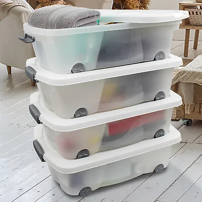 Underbed Plastic Storage Drawer Container Bedding Box Wheels Toys Clothes Shoes • £13.99