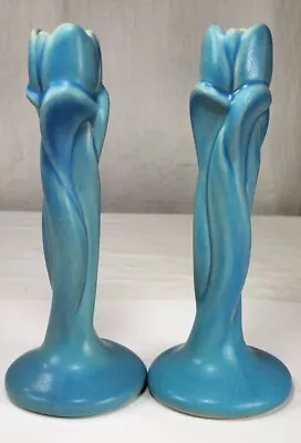 Pair Van Briggle Pottery Turquoise Blue Tulip Candlesticks / Bud Vases Signed 8  • $79.99