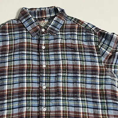 LL Bean Men’s Large Tall Slightly Fitted Blue Linen Plaid Long Sleeve Button Up • $19.99