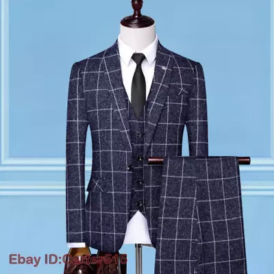 Men's Plaid Blazer 3PCS Coat Pants Vest Formal Dress Suits Business Wedding Slim • $82.73