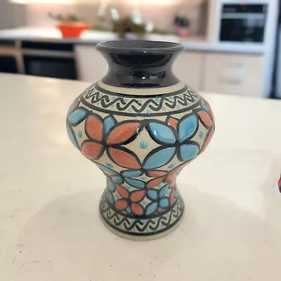 Javier Servin Mexican Pottery Small Bud Vase Handmade Painted Blues Orange 4.25” • $20