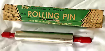 Vintage Krispy Krust Plated Steel Rolling Pin Red Handles W/Original Box • $24.99