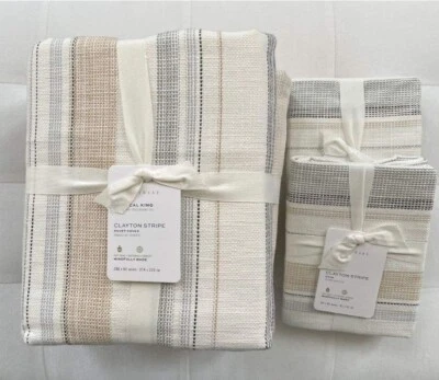 $249 • Buy Pottery Barn CLAYTON STRIPED COTTON Duvet King & Two King Shams Neutral NWT