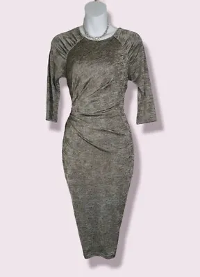 £23.99 • Buy Debenhams Dress Size 8 Stretch Wiggle Silver Grey Gold Ruched Julien Macdonald 