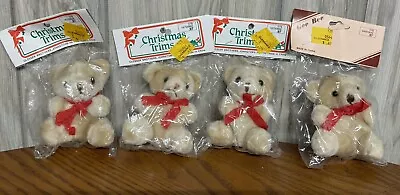 Vintage Set Of 4 New Old Stock Christmas Trims Stuffed Teddy Bear Ornaments • $10.49