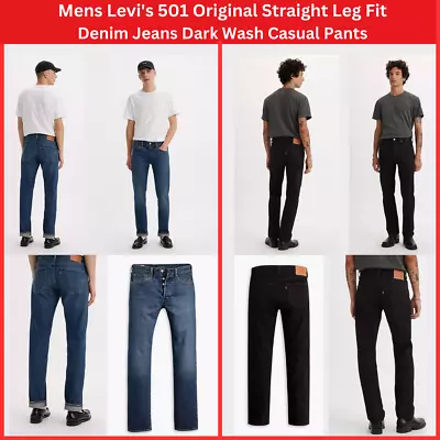 Mens Levi's 501 Original Straight Leg Fit Denim Jeans Dark Wash Casual Pants • £39.99