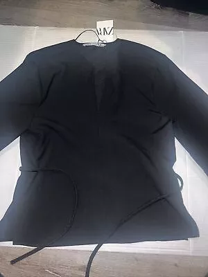 Zara Women’s Shirt  Black Long Sleeve Pullover Blouse V Neck Belted Size Medium • $42.81