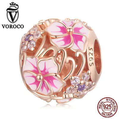 Fashion Women 925 Sterling Silver Rose Gold Cherry Blossom Bead CZ Charms VOROCO • $12.46