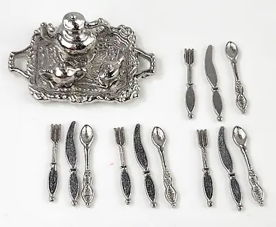 16 Pc Miniature Dollhouse Silverware And Tea Set Silver Metal Teapot Fork Spoon • $14.99