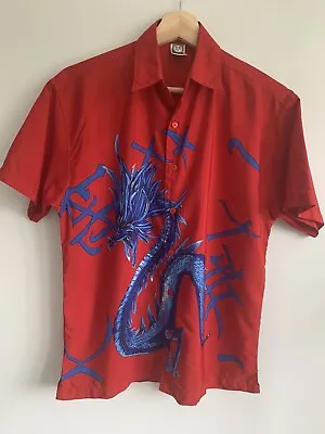 £9 • Buy Vintage Chinese Graphics Short Sleeve Red Hawaiian Style Shirt Blue Dragon Small