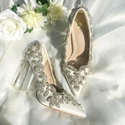 Women Wedding Shoes Bride Pumps Clear Heels Princess Bridal Party Crystal Heel • £92.41
