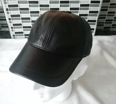 BASEBALL CAP Black REAL SHEEPSKIN LEATHER Precurved VLCRO Strap One Size • £14.90