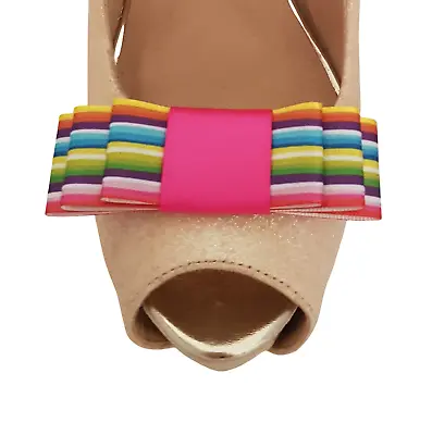 £9.99 • Buy Handmade Rainbow Taffeta Triple Bow Shoe Clips - Choose Your Band Colour