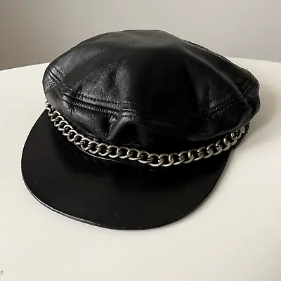 VTG Black Leather & Chain Motorcycle Biker Cap Caddie Newsboy Hat One Size • £48