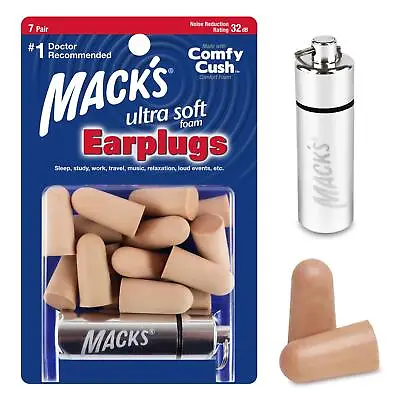 Mack's Ultra Soft Foam Ear Plugs (7 Pairs) With Free Travel Case - Beige • £7.95