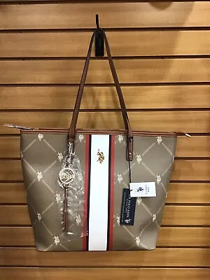 Us Polo Assn. Large Khaki Tote Bag W/ Logo Design & Stripes - Nwt • $55.20