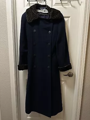 GHM USA S Coat Full Length Wool A-Line Dark Navy With Brown Black Faux Fur Trim • $58