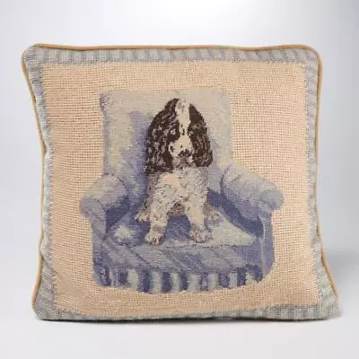 Needlepoint Wool/Velvet Black White Spaniel Dog Pillow 12  Square VTG • $39.99