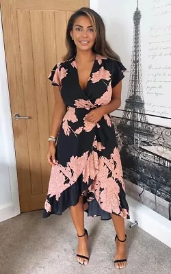 Ax Paris Black Blush Pink Floral Frill Ruffle Wrap Midi Spring Summer Dress 16 • £0.99