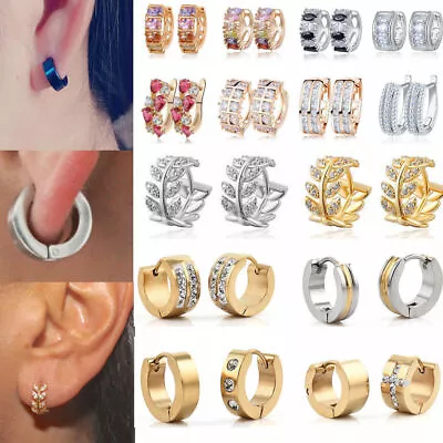 $3.89 • Buy Pair Huggie Hoop Earrings Surgical Stainless Steel Crystal Mens Womens