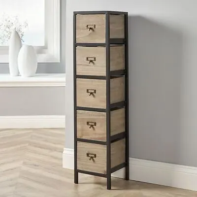 Chest 5 Drawers Tall Storage Unit Rustic Brown Metal Legs Home Furniture Unit • £44.99