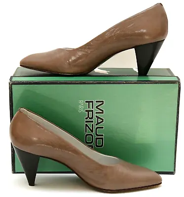   MAUD FRIZON Paris Vintage Taupe Capretto High Heels Shoes W/ Box 37.5 / 7.5 • $56.99