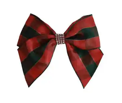 Tartan Ribbon Christmas Hair Bow Red & Green Alligator Clip Diamante Detail 🇬🇧 • £1.99