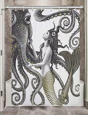 Extra Long Shower Curtain Mermaid Octopus Grey White Gold Bathroom Waterproof • $16.99