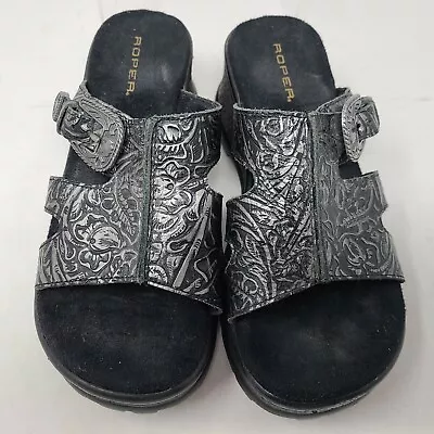 $38.21 • Buy Roper Womens Sandal Chunky Stamped Leather Metal Buckles Black Size 8
