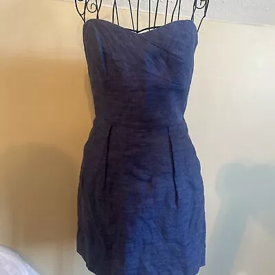 Milly Blue Denim Strapless Linen Mini Dress Back Zip Pockets Bikercore Size 4 • $24.99