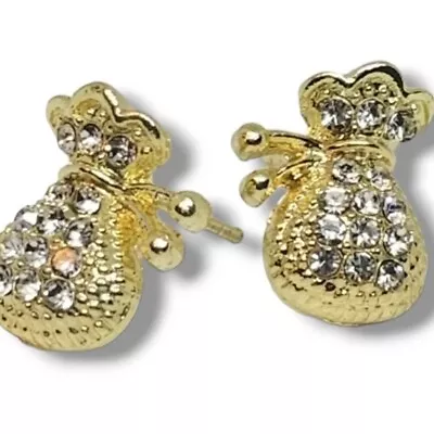 Lucky Money Bag Earrings Gold Tone Rhinestone Wealth Prosperity Attraction Fun💰 • $10.55