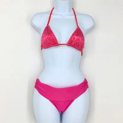 VTG 80s Stretchy Shiny Spandex Pink Heart Bikini 2 Piece Swimsuit Small Medium • $39.95
