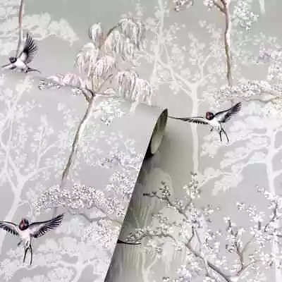 Arthouse 908105 Japanese Garden Floral Birds Grey Wallpaper • £1.99