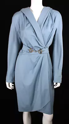 THIERRY MUGLER Vintage Cool Blue Wool Twill Hooded Belted Trench Dress 42 • $498