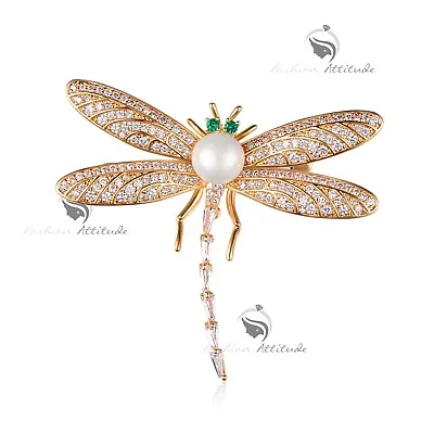 £23.82 • Buy 18k Yellow Gold Gp Made With Swarovski Cz Crystal Luxury Dragonfly Brooch Pearl