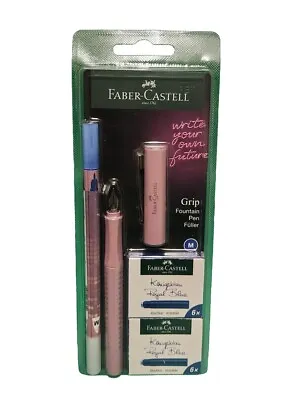 Faber Castell - Grip Fountain Pen With Ink Eraser & 12 Ink Cartridges - PINK ✅ • £12.49