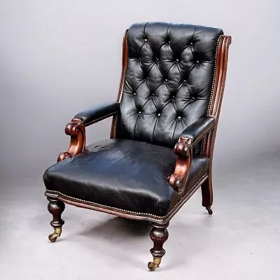 Victorian Black Leather Buttoned Back Armchair Library Armchair • £1875