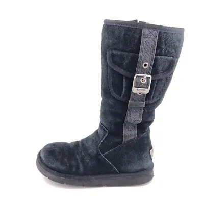 UGG Retro Cargo Zip Winter Boots Womens Size 6 EUR 37 Black Leather Sheepskin • $59