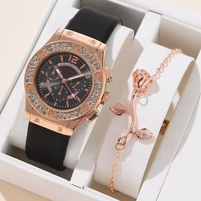 Leather Watch Band Watches Bracelet Set Rhinestone Wristwatch Retro Watch  Girl • $15.87