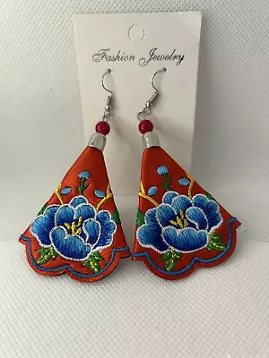 Earring Pair Embroidered Fabric Thai Handmade Costume Jewelry Flower Red • $9.99