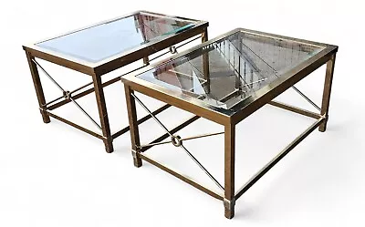 Pair  Mid Century Brass Glass Top Side Tables Style Of Mastercraft C1970s • $950