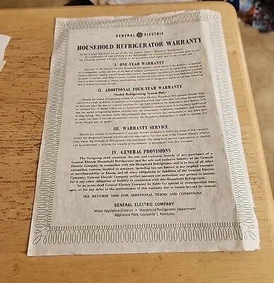 Vintage General Electric Household Refrigerator Warranty  • $19.99