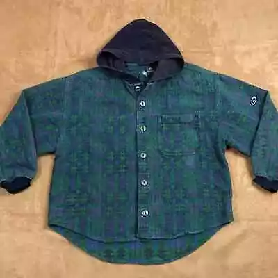 90s Vintage Gotcha Heavy Weight Cotton Flannel Shirt W/Hood Green Aztec • $149