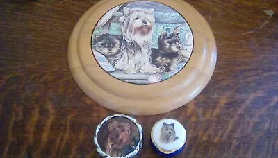 WOOD & CERAMIC YORKSHIRE TERRIER  TEA POT/POT STAND 9  Round +tinket Box And Pic • £3.99