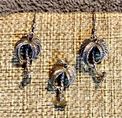 Vintage Estate STERLING SILVER Dangle Pierced PALM TREE Earrings & Pendant Set • $14.99