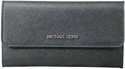 Michael Kors Jet Set Travel Large Trifold Leather Wallet Clutch Black / Silver • $57