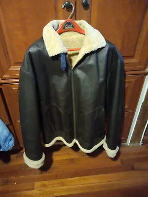 Mens Wilsons Leather REVERSIBLE Brown Sherpa Aviator Bomber Jacket Coat L Zip • $16.91
