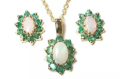 9ct Gold Opal And Emerald Pendant And Earrings Set Cluster Gift Boxed Made In UK • £174.99