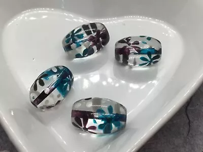 £1.65 • Buy 4 Oval Handmade & Hand Painted Beads, 18mm X 10mm Approx, Teal, Purple Flower