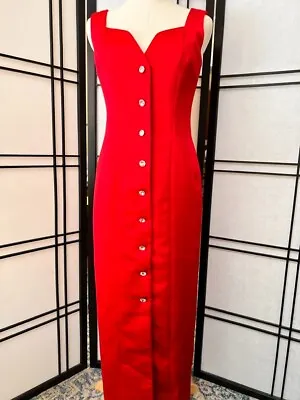 Vintage Dress Size 6 Cherry Red Liz Claiborne Evening Dress Rhinestone Buttons • $105